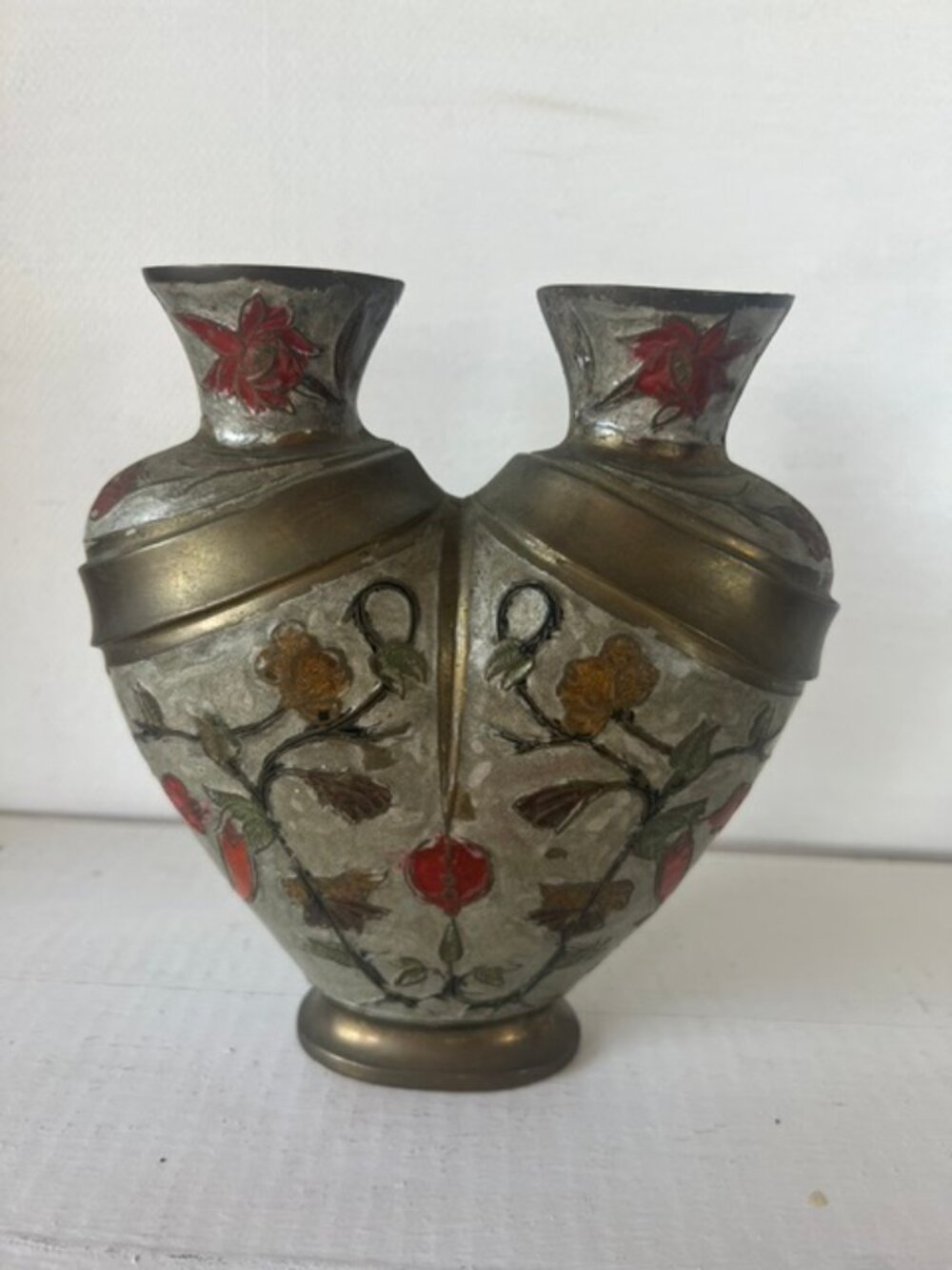 Vintage India Double Vase Hand Painted Floral Brass Metal Decor